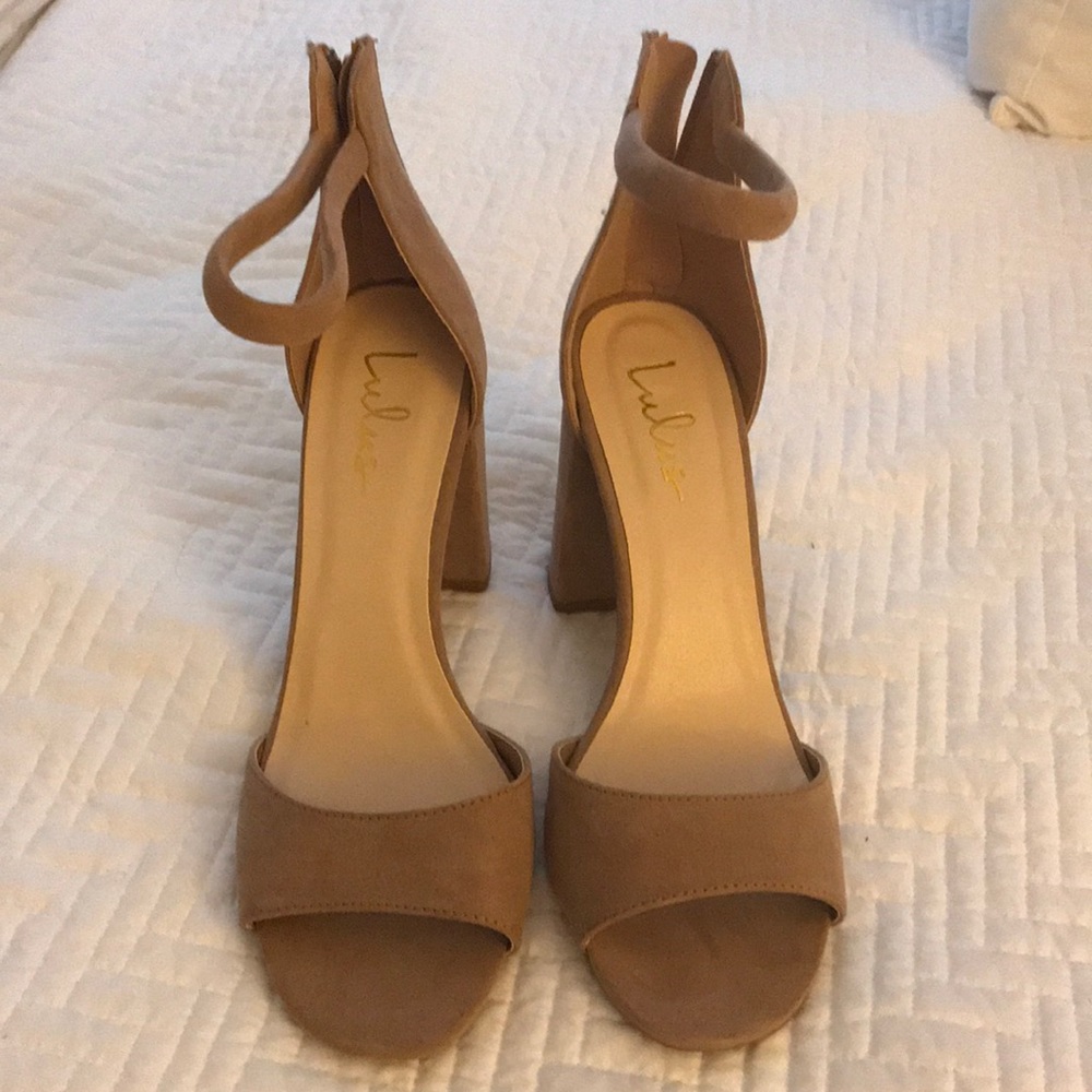 LULU’S TAUPE SUEDE ANKLE STRAP HEELS